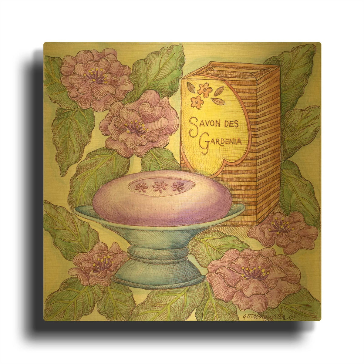 'Savons Des Gardenia' By Andrea Strongwater Gold Metal Wall Art