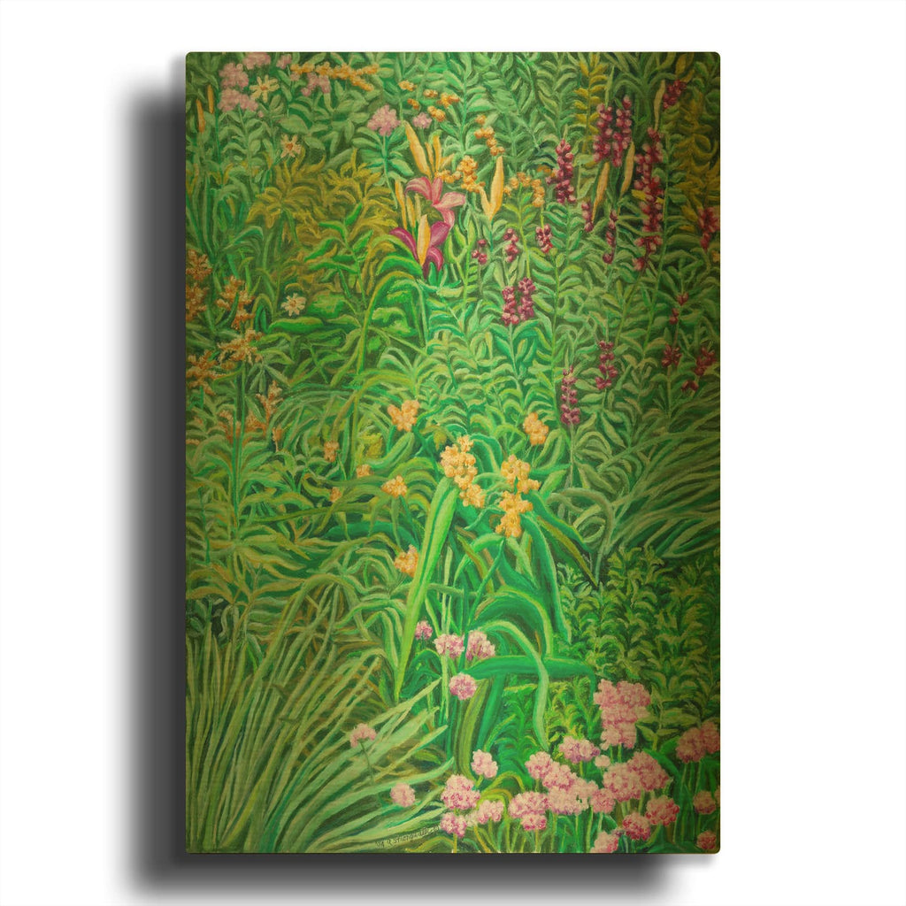 'Tapestry Pinks And Hollyhocks' By Andrea Strongwater Gold Metal Wall Art