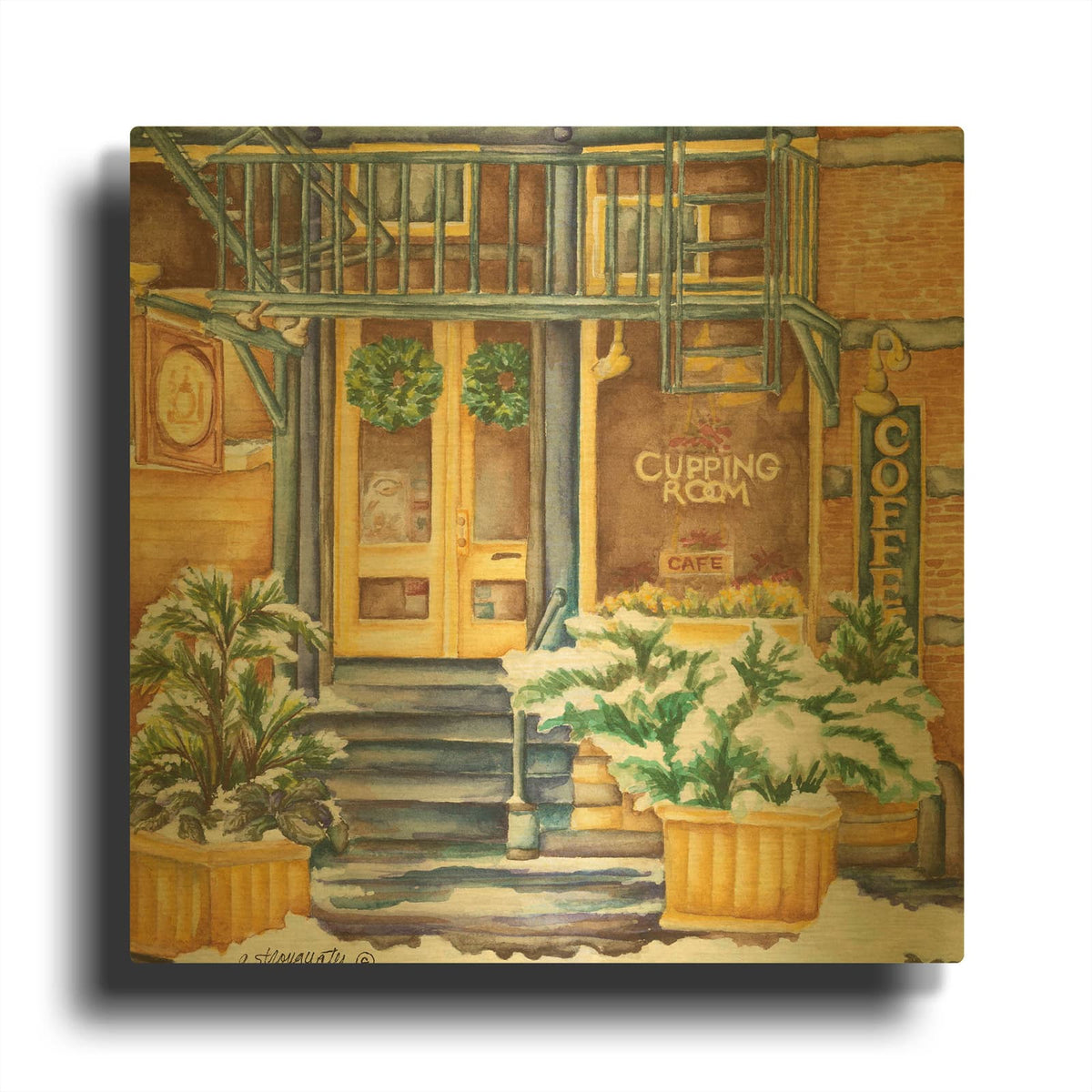 'Cafe Cupping Room Ext Winter' By Andrea Strongwater Gold Metal Wall Art