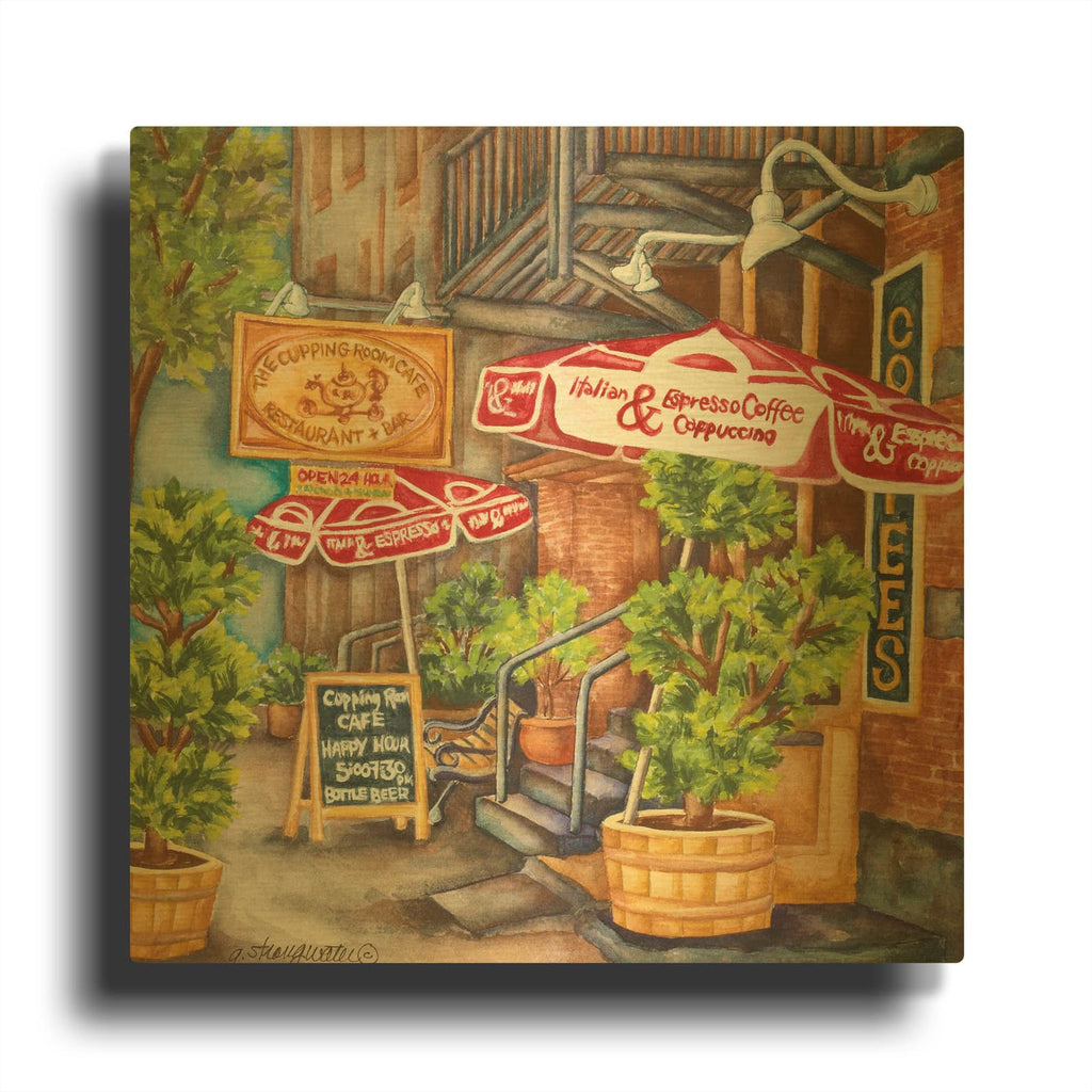 'Cafe Cupping Room Ext Summer' By Andrea Strongwater Gold Metal Wall Art