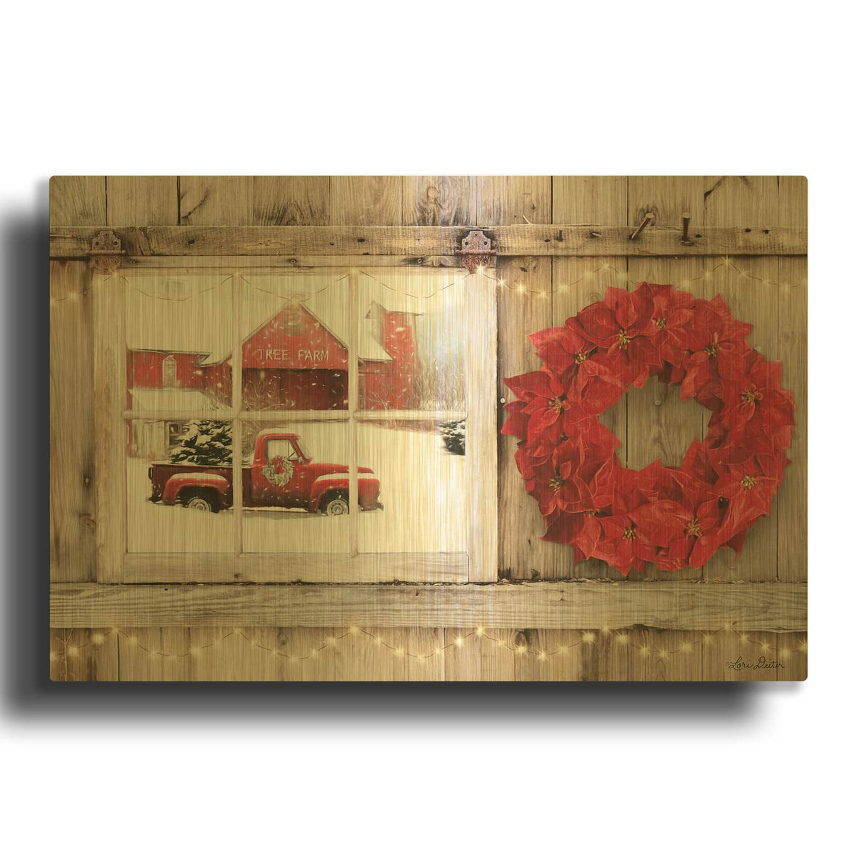 'Poinsettia Wreath Window View' By Lori Deiter Gold Metal Wall Art