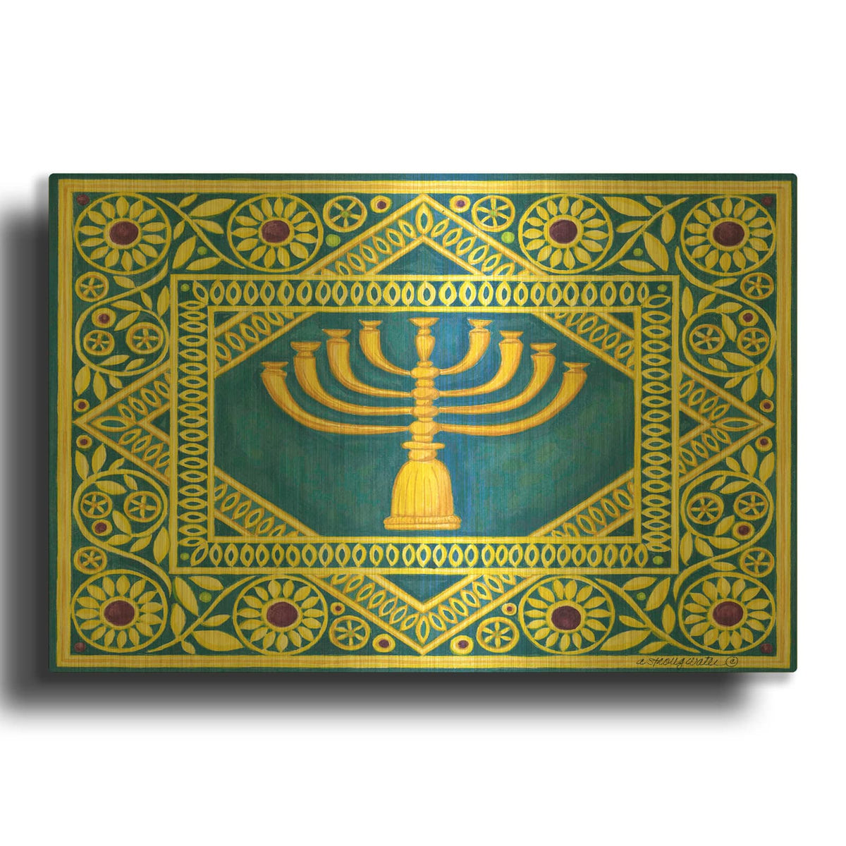 'Hanukah Menorah On Turquoise' By Andrea Strongwater Gold Metal Wall Art