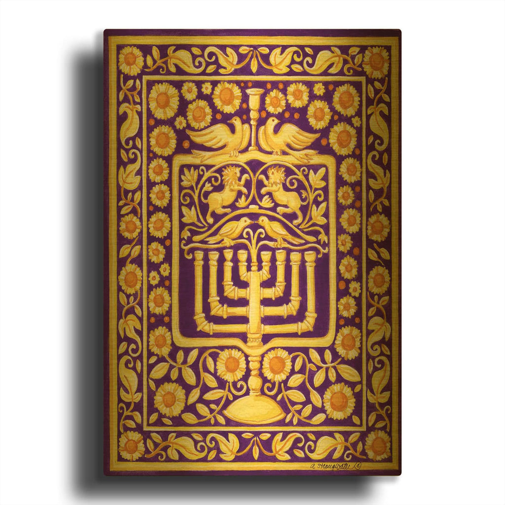 'Hanukah Menorah On Purple' By Andrea Strongwater Gold Metal Wall Art