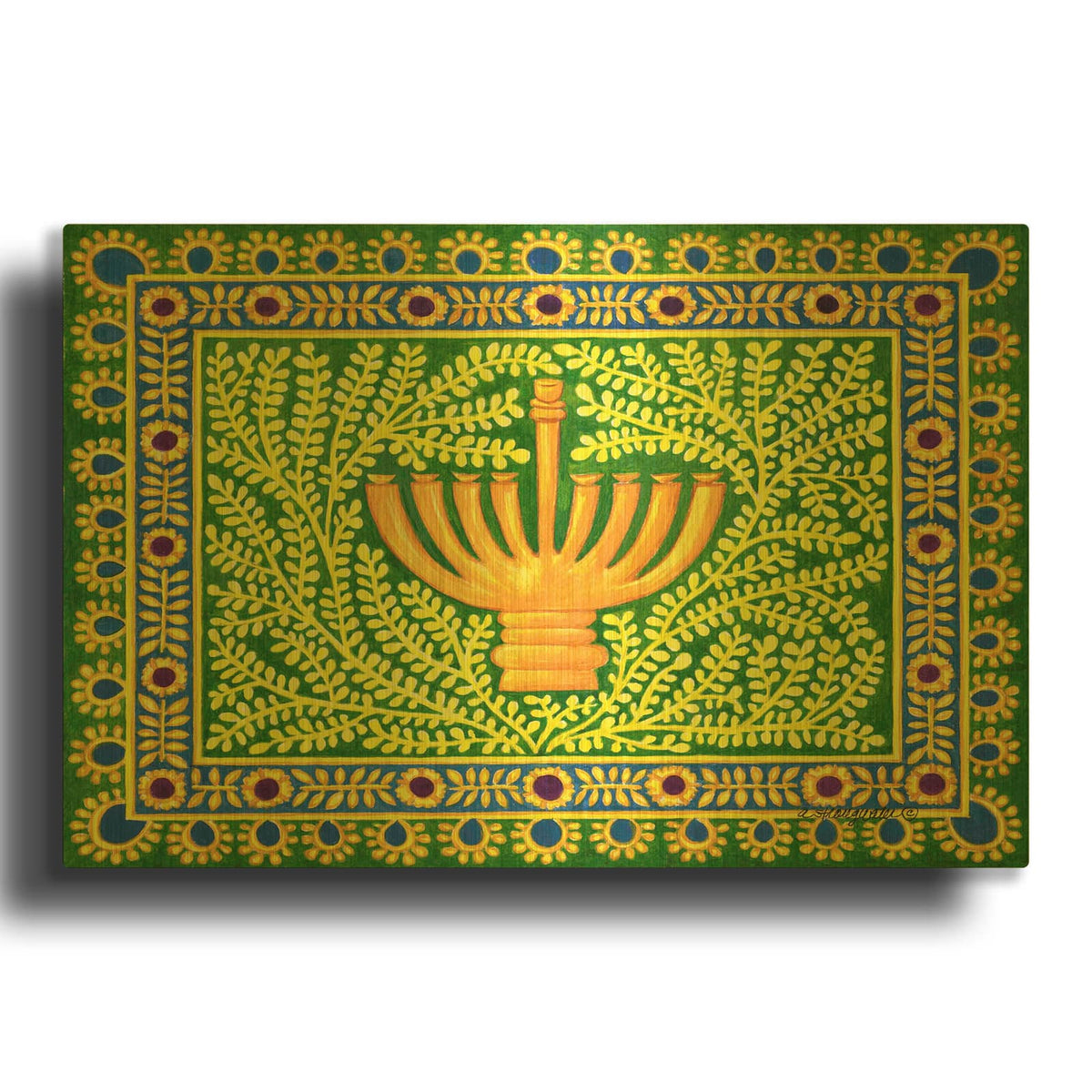 'Hanukah Menorah On Green' By Andrea Strongwater Gold Metal Wall Art