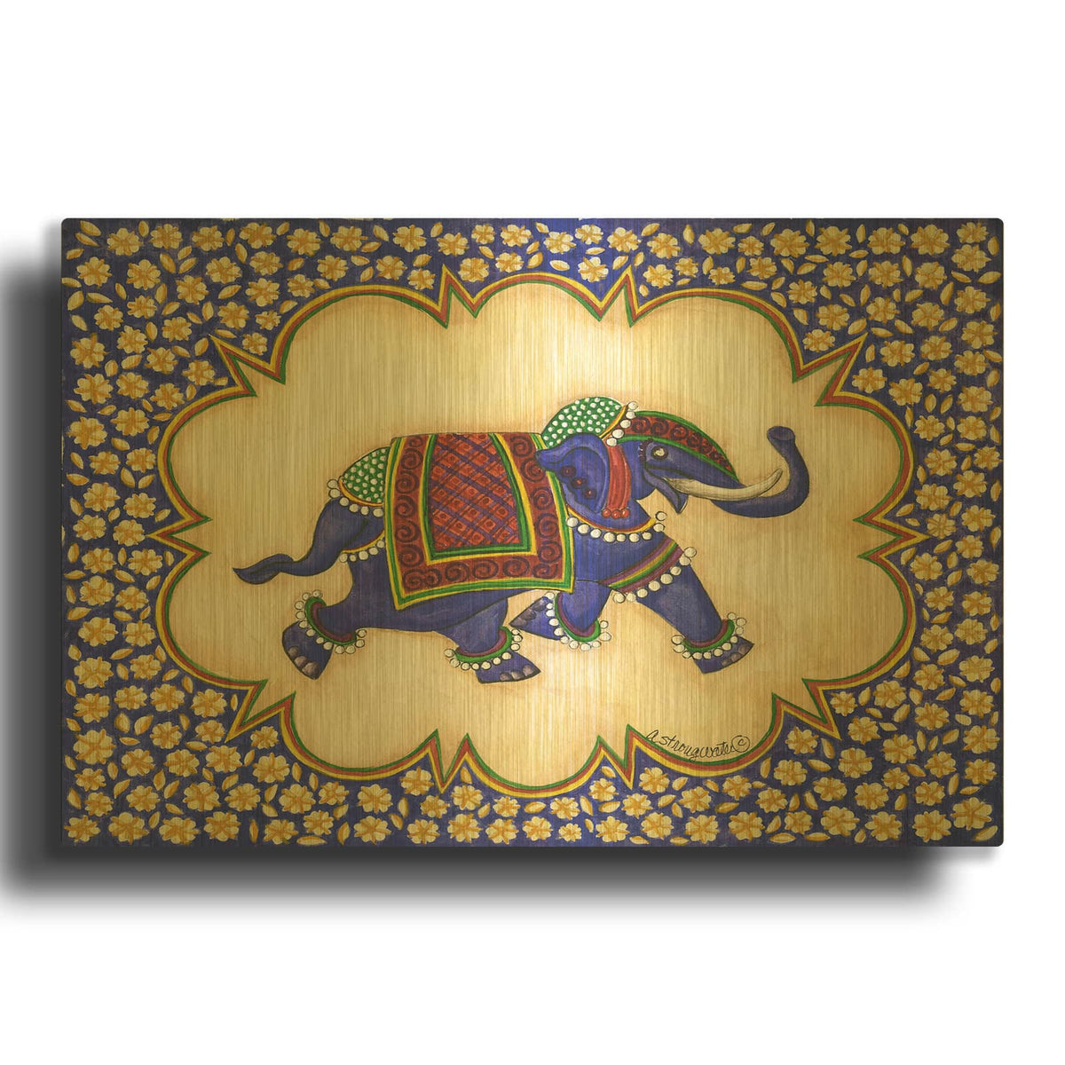 'Elephant Cartouche Facing Right' By Andrea Strongwater Gold Metal Wall Art