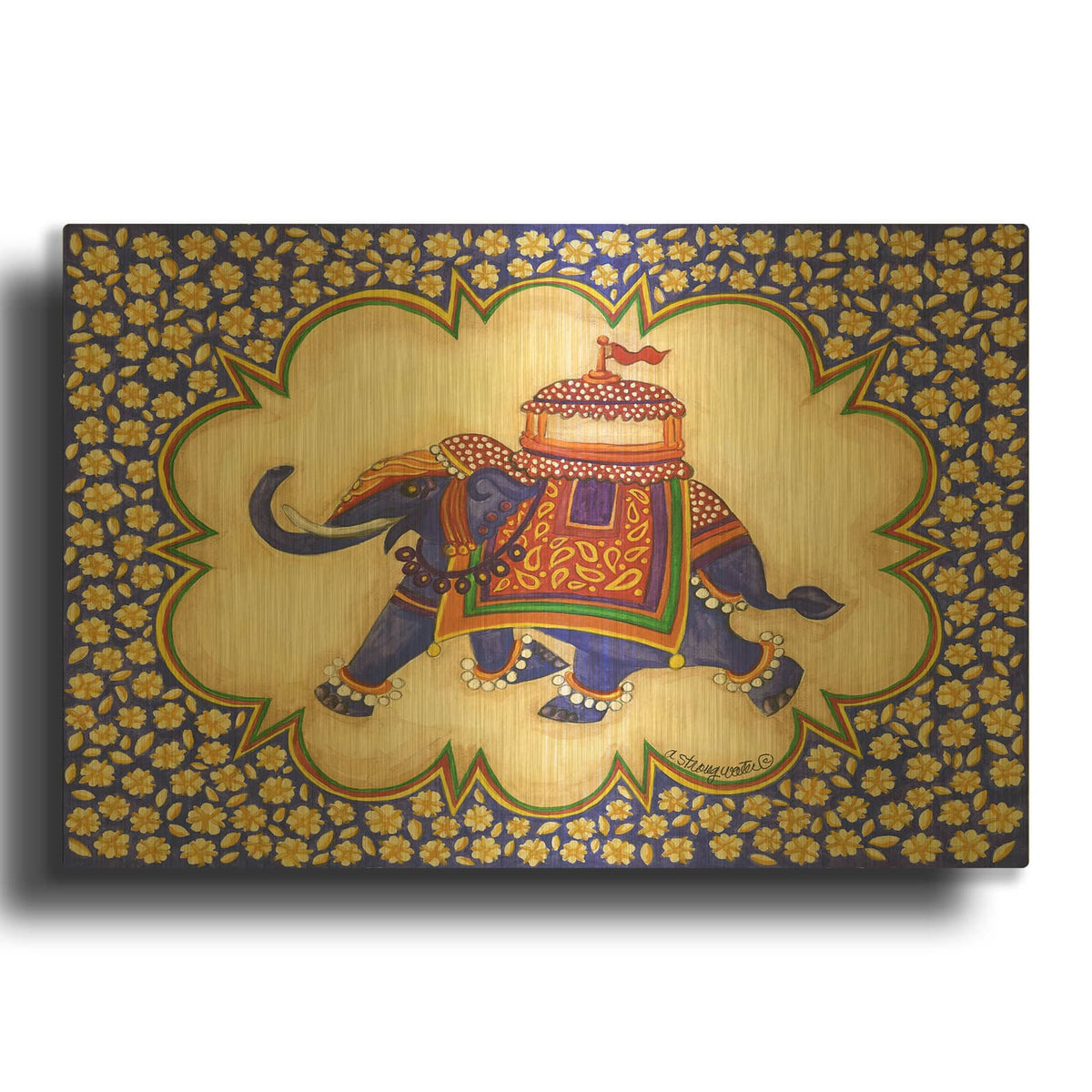 'Elephant Cartouche Facing Left' By Andrea Strongwater Gold Metal Wall Art