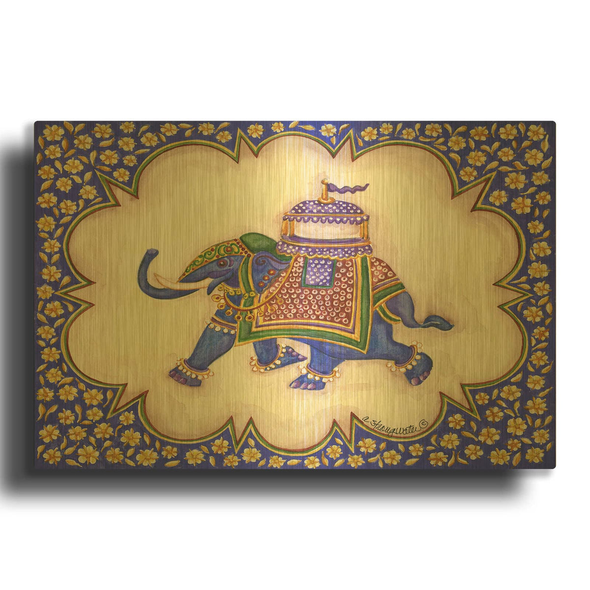 'Elephant Cartouche Ap' By Andrea Strongwater Gold Metal Wall Art