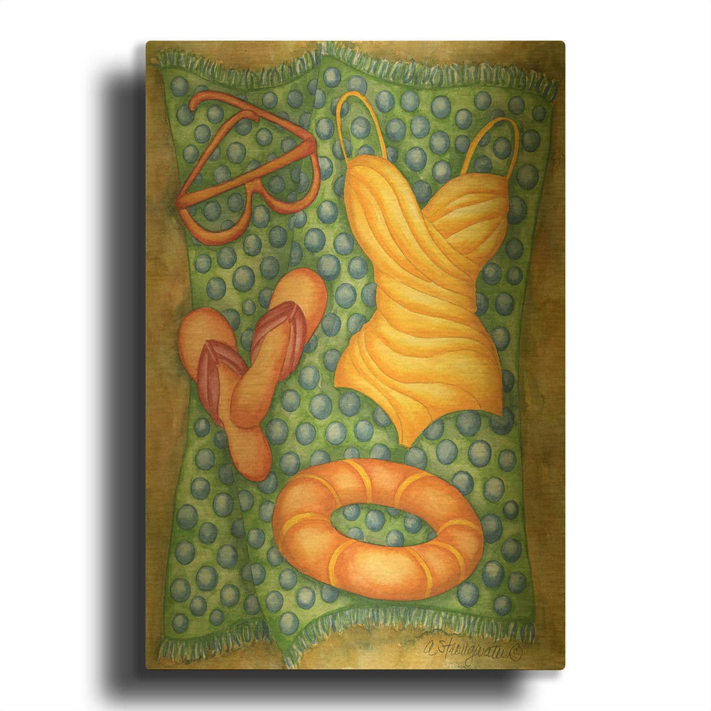 'Bathing Suit With Life Saver' By Andrea Strongwater Gold Metal Wall Art