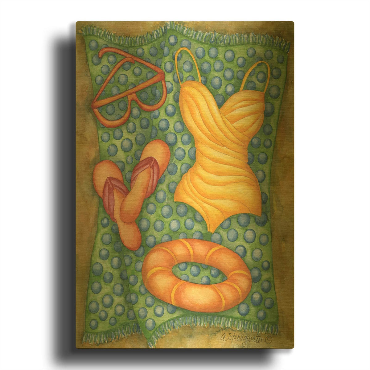 'Bathing Suit With Life Saver' By Andrea Strongwater Gold Metal Wall Art
