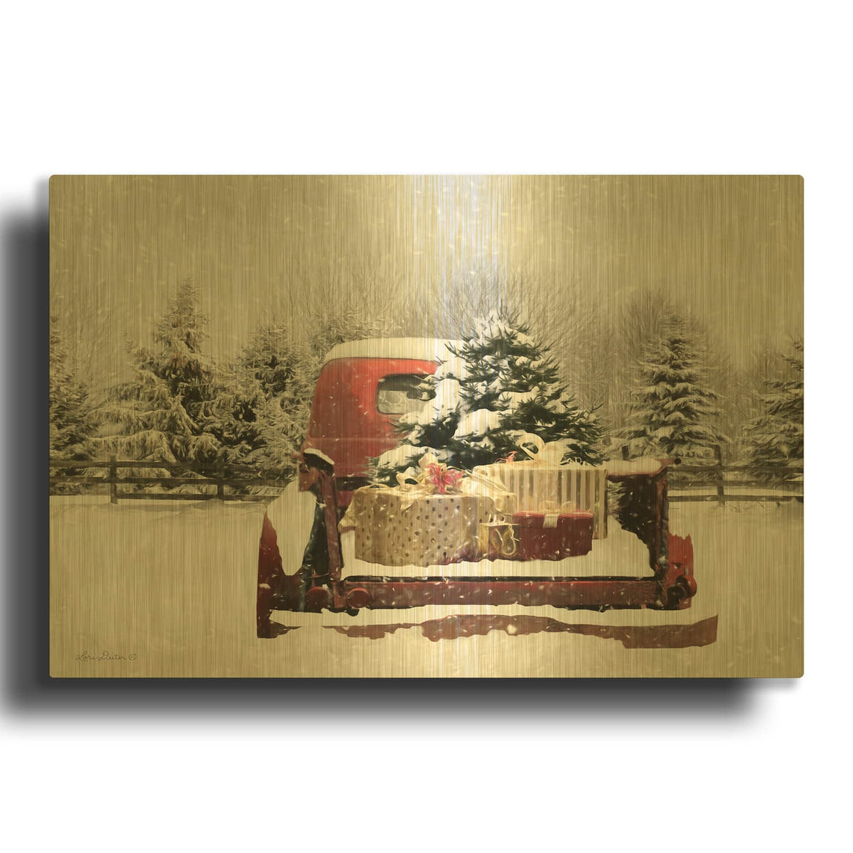 'Snowy Presents' By Lori Deiter Gold Metal Wall Art