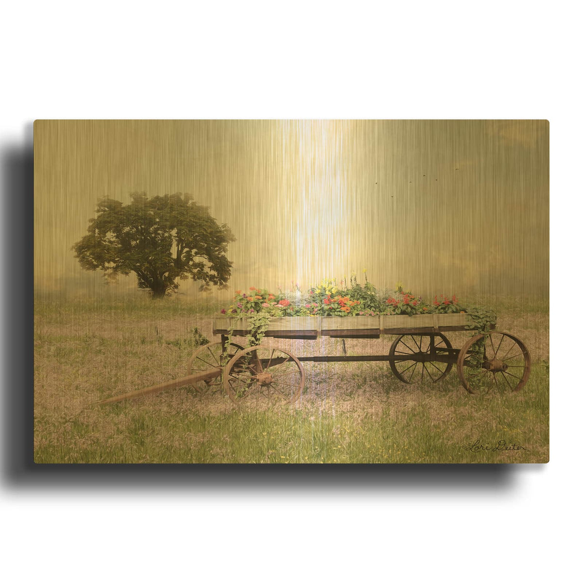 'Flower Wagon at Sunset' By Lori Deiter Gold Metal Wall Art