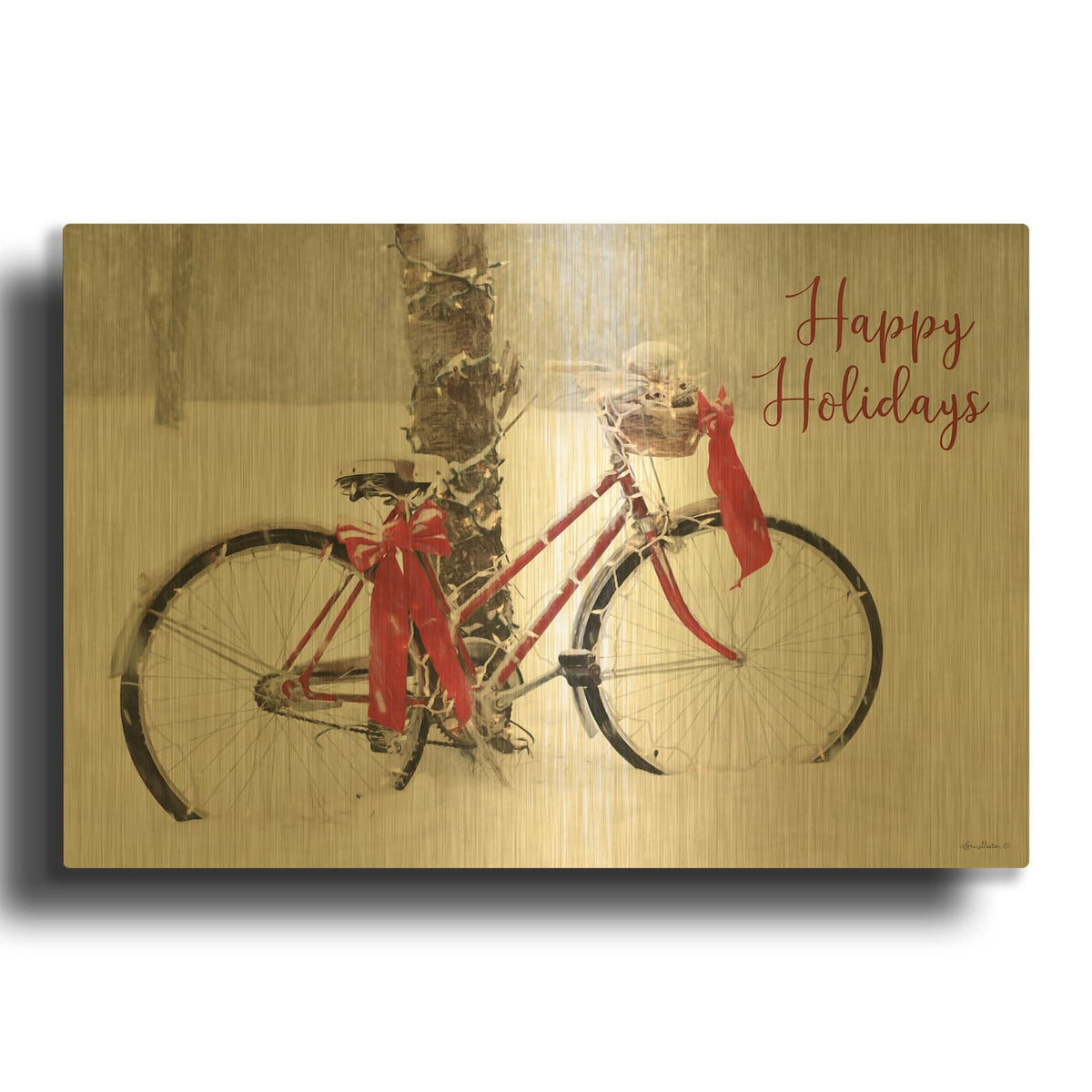 'Happy Holidays Snowy Bike' By Lori Deiter Gold Metal Wall Art