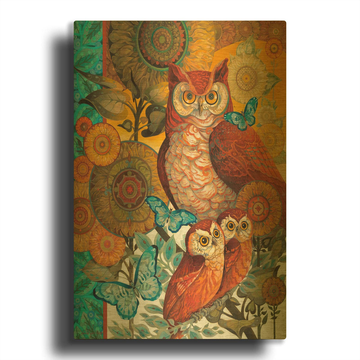 'Owls In Bloom' By David Galchutt Gold Metal Wall Art