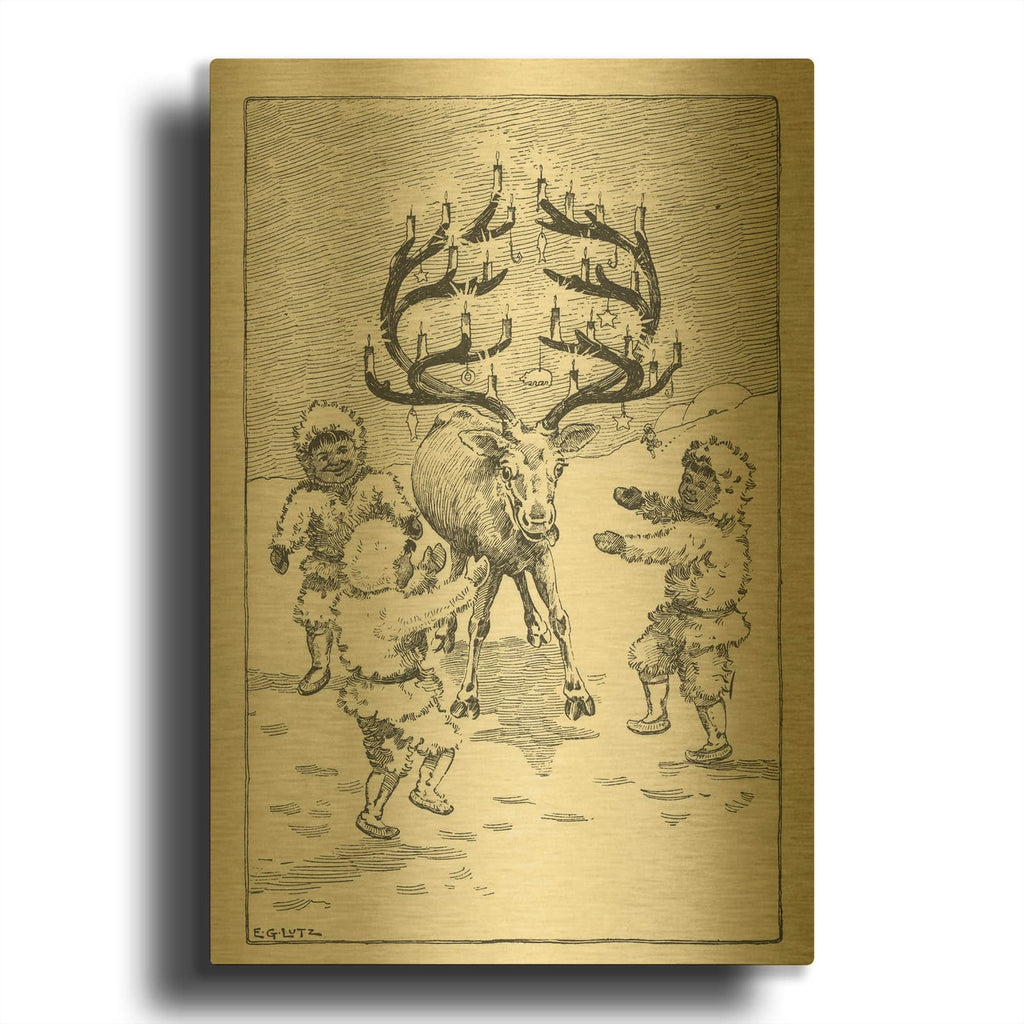 'Decorating The Reindeer' By Tis the season Gold Metal Wall Art