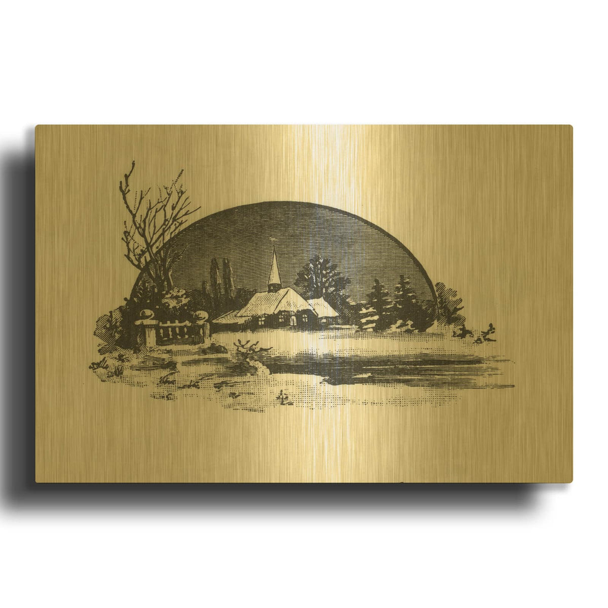 'Church Across The River' By Tis the season Gold Metal Wall Art