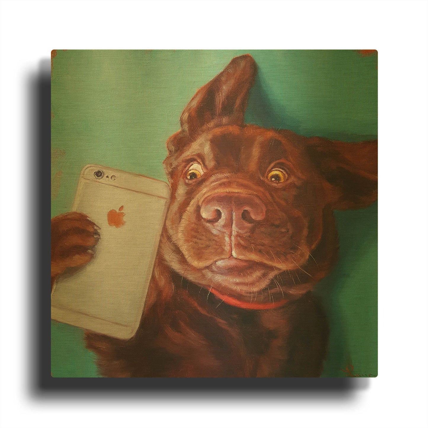 'Dog Selfie' By Lucia Heffernan Gold Metal Wall Art