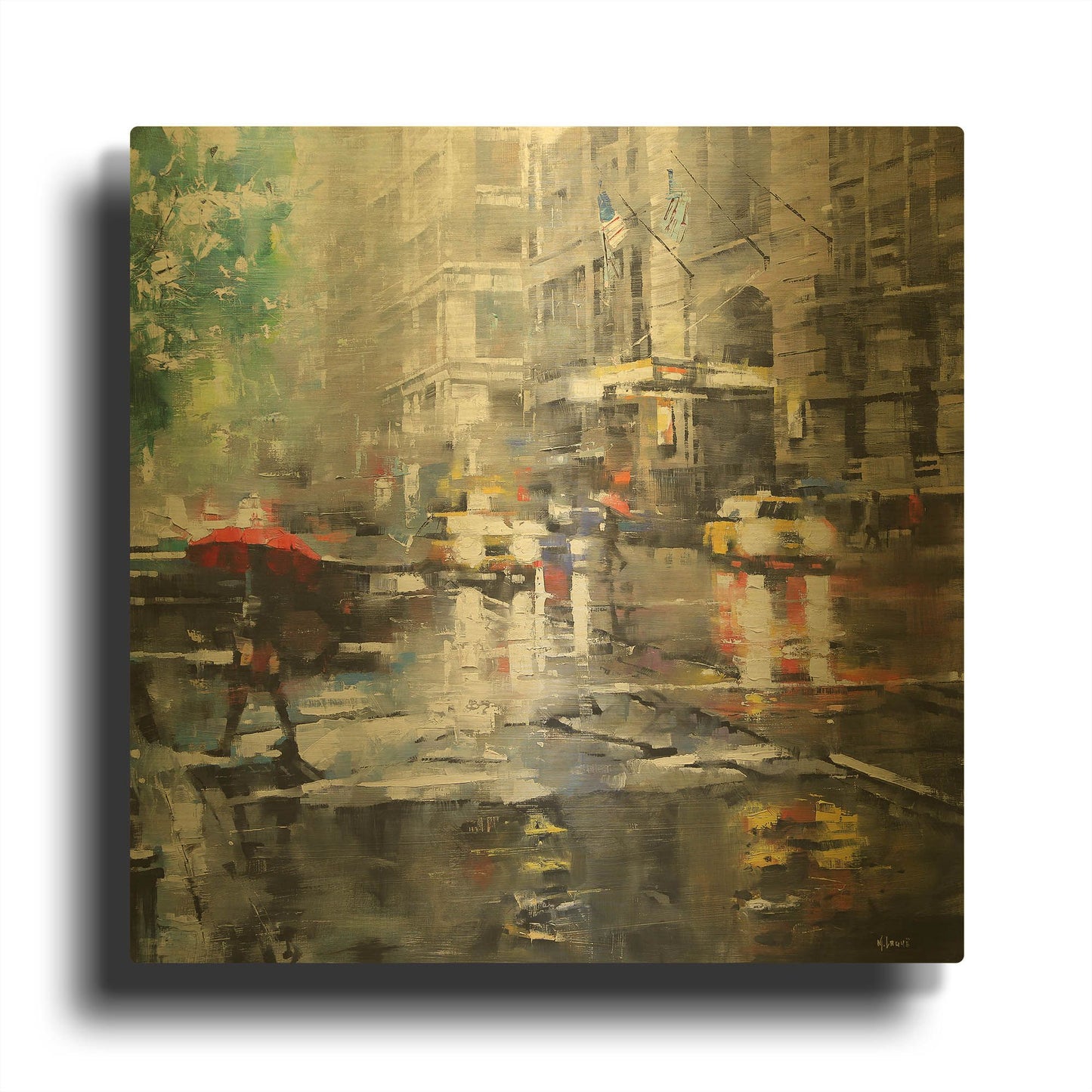 'Manhattan Red Umbrella' By Mark Lague Gold Metal Wall Art