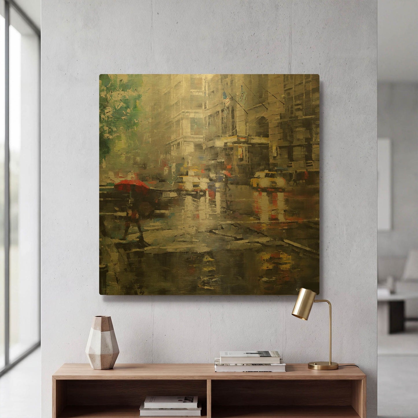 'Manhattan Red Umbrella' By Mark Lague Gold Metal Wall Art