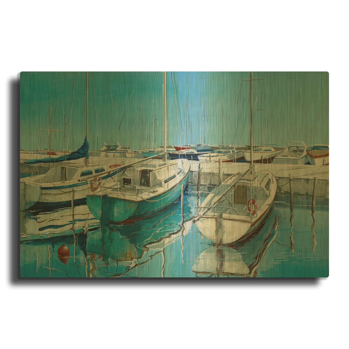 'Anchored Boats On Pier' By Max Maxx Gold Metal Wall Art