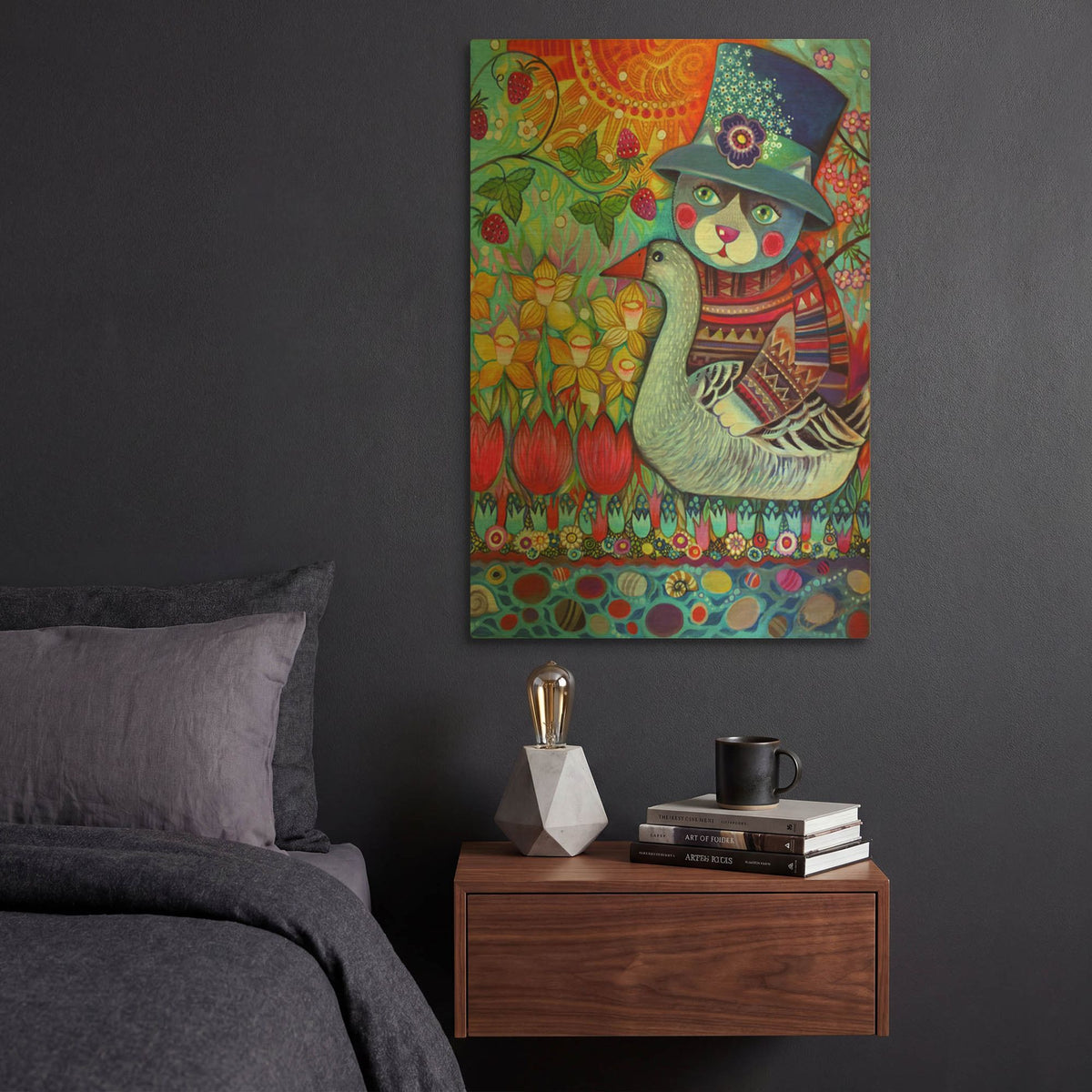 'Cat With Goose' By Oxana Zaika Gold Metal Wall Art
