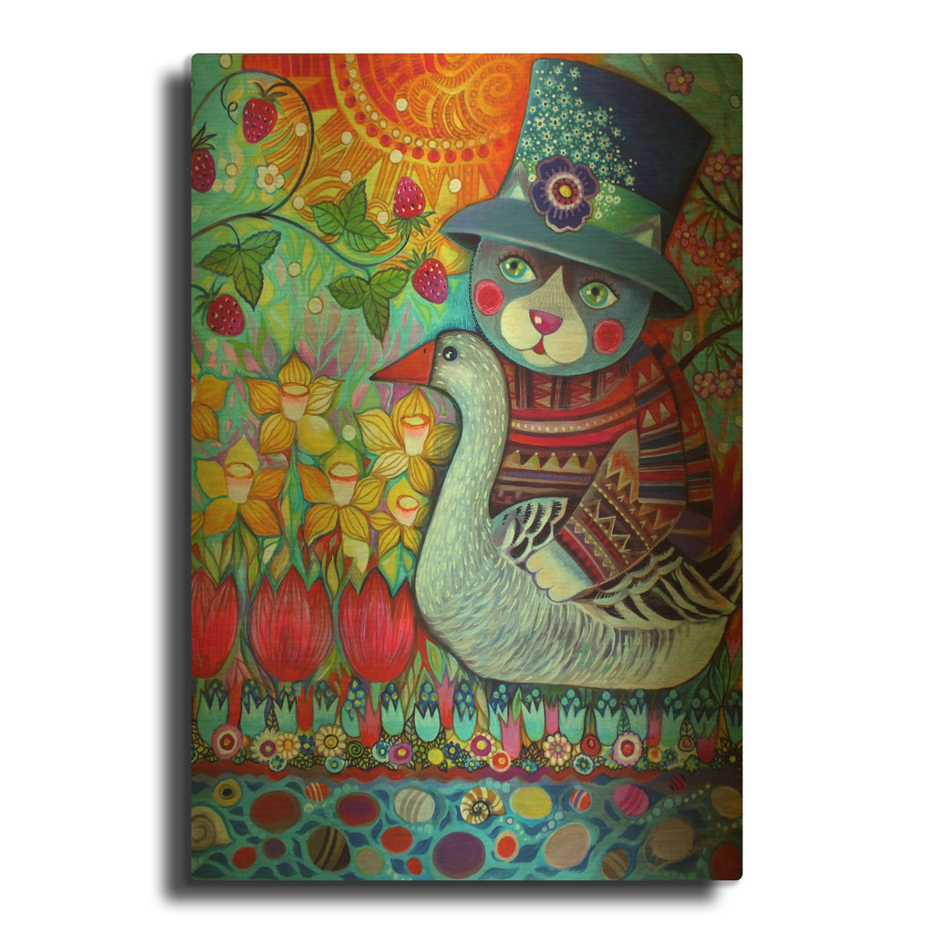 'Cat With Goose' By Oxana Zaika Gold Metal Wall Art