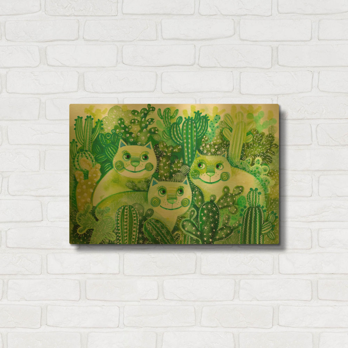 'Chlorophyl Mohito Cats' By Oxana Zaika Gold Metal Wall Art