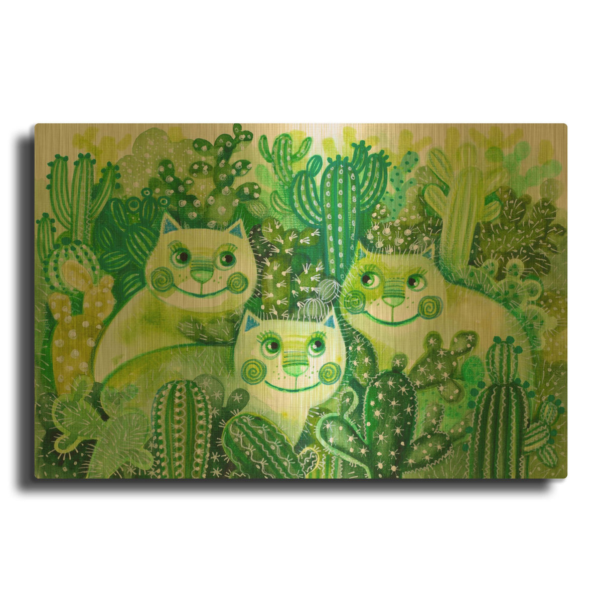 'Chlorophyl Mohito Cats' By Oxana Zaika Gold Metal Wall Art