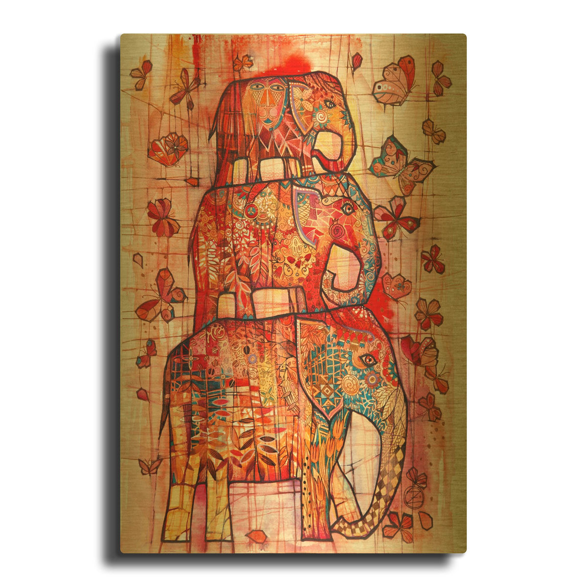 'Three Elephants' By Oxana Zaika Gold Metal Wall Art