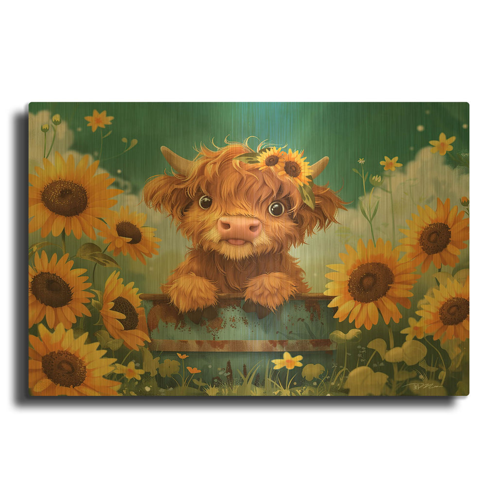 'A Cute Happy Highland Cow 2' By Momart Gold Metal Wall Art