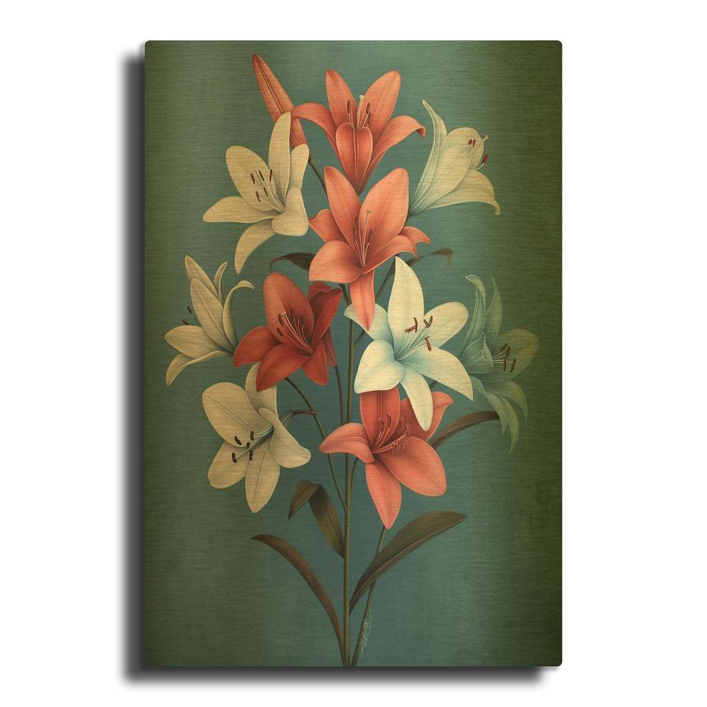 'Abstract Pink And Blue White Lilies 2' By Momart Gold Metal Wall Art