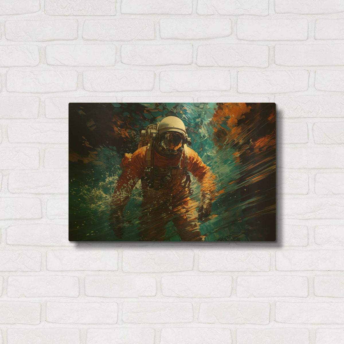 'Astronaut In Space And Water' By Momart Gold Metal Wall Art