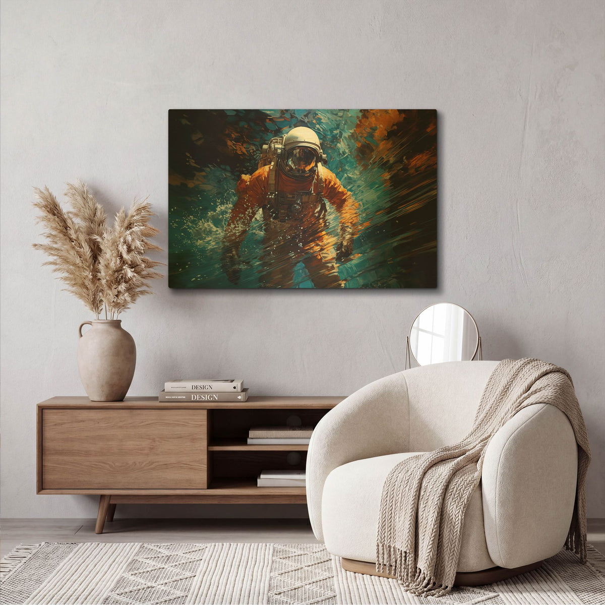 'Astronaut In Space And Water' By Momart Gold Metal Wall Art