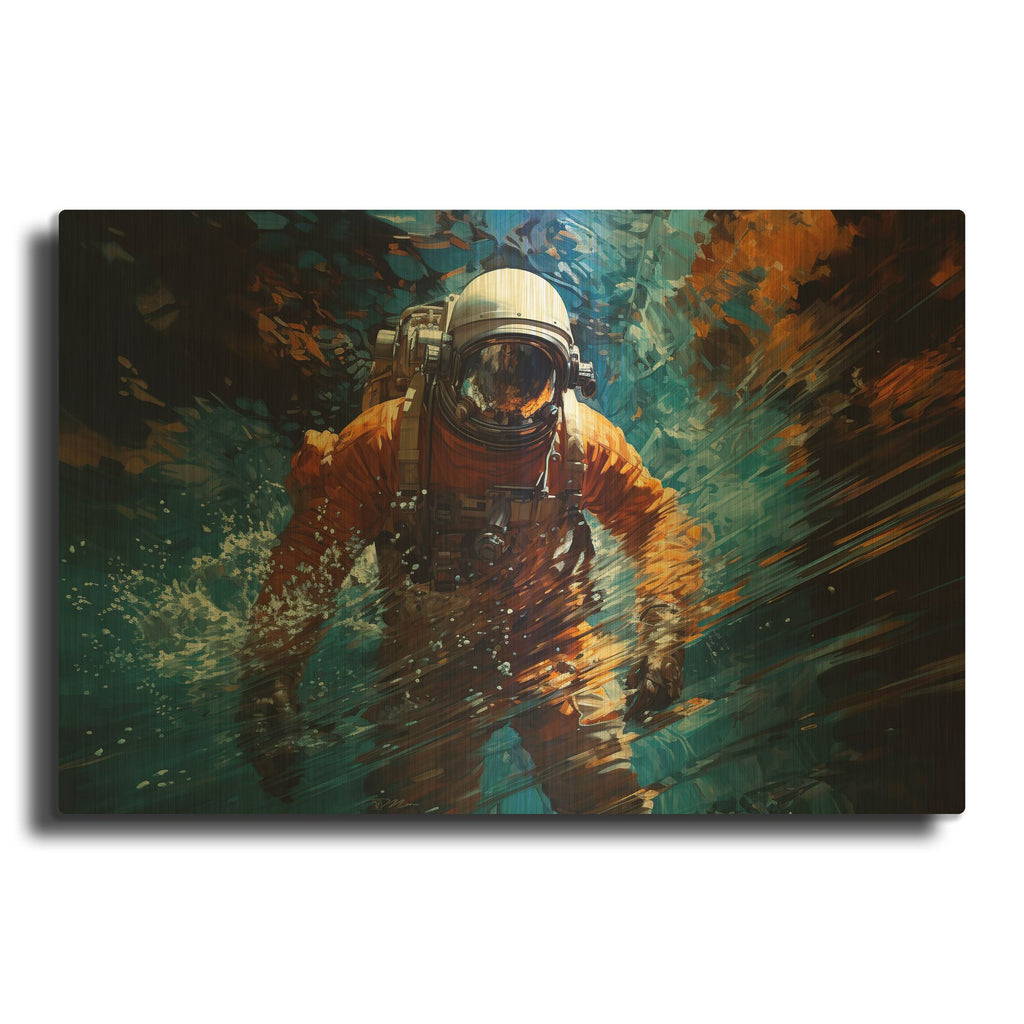 'Astronaut In Space And Water' By Momart Gold Metal Wall Art
