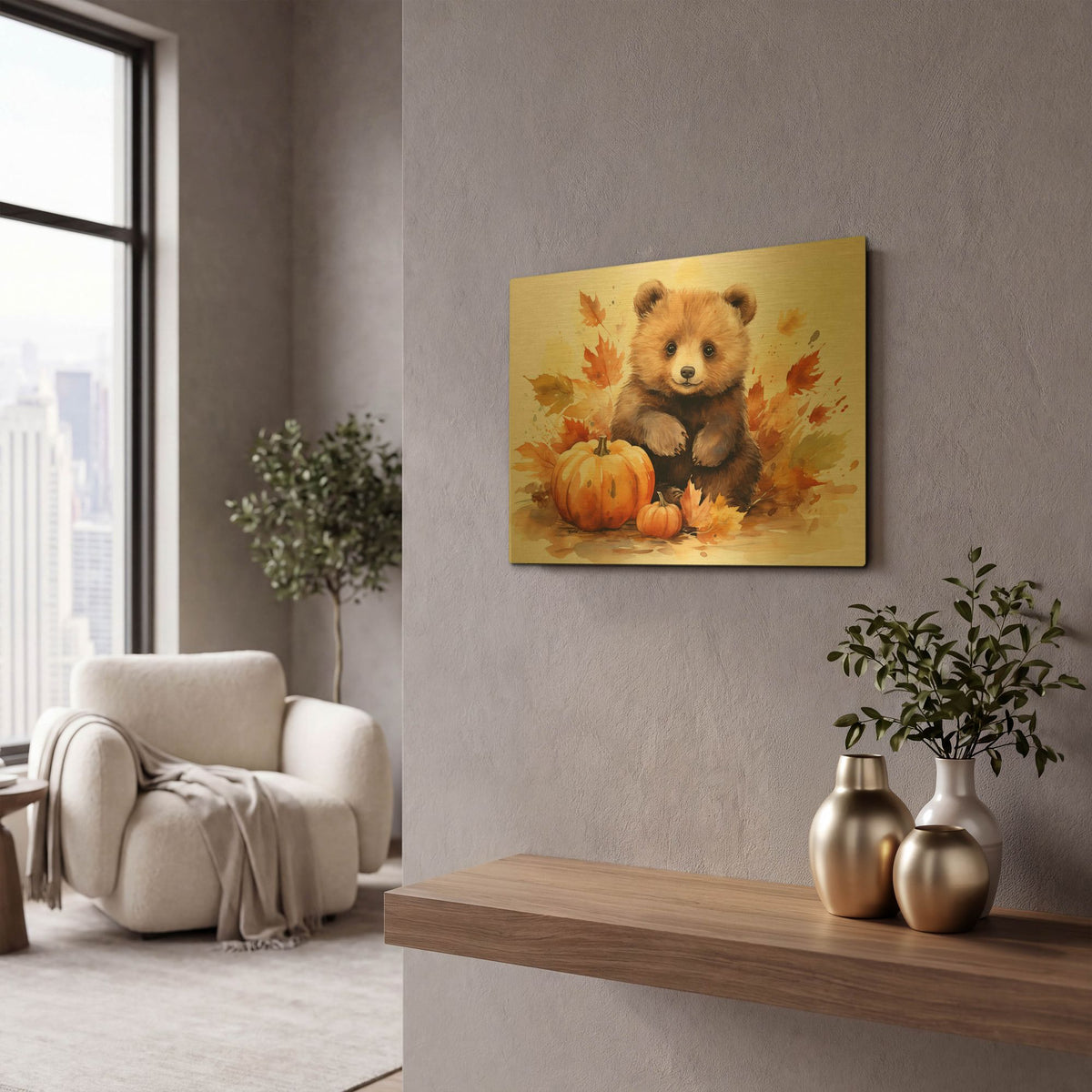 'Autumn Cub in the Leaves' By Momart Gold Metal Wall Art