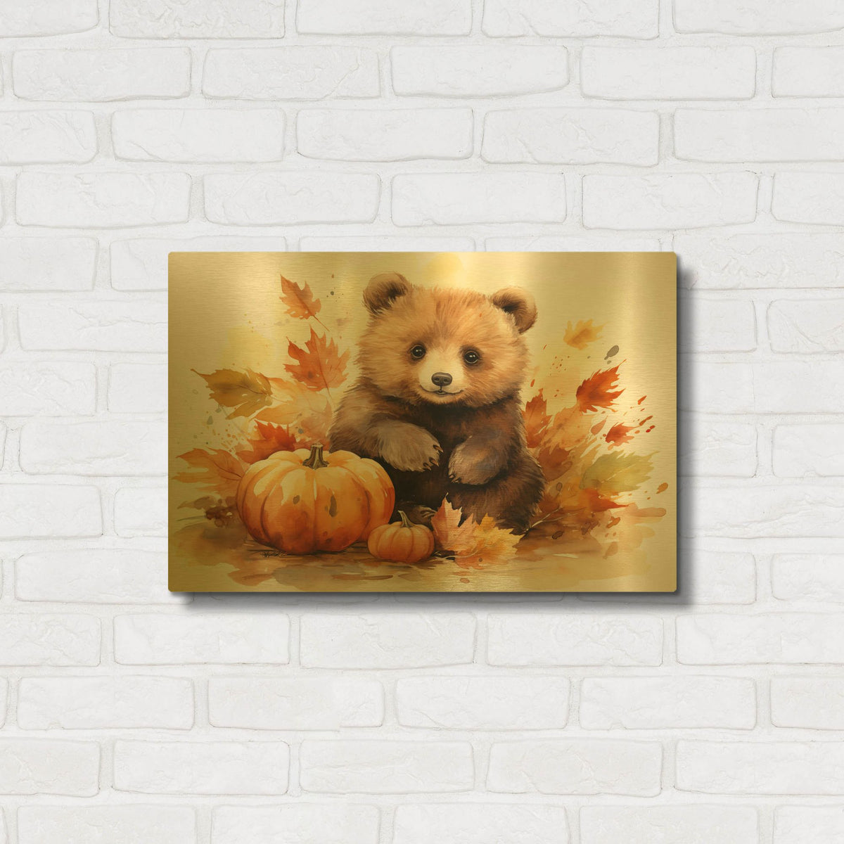 'Autumn Cub in the Leaves' By Momart Gold Metal Wall Art