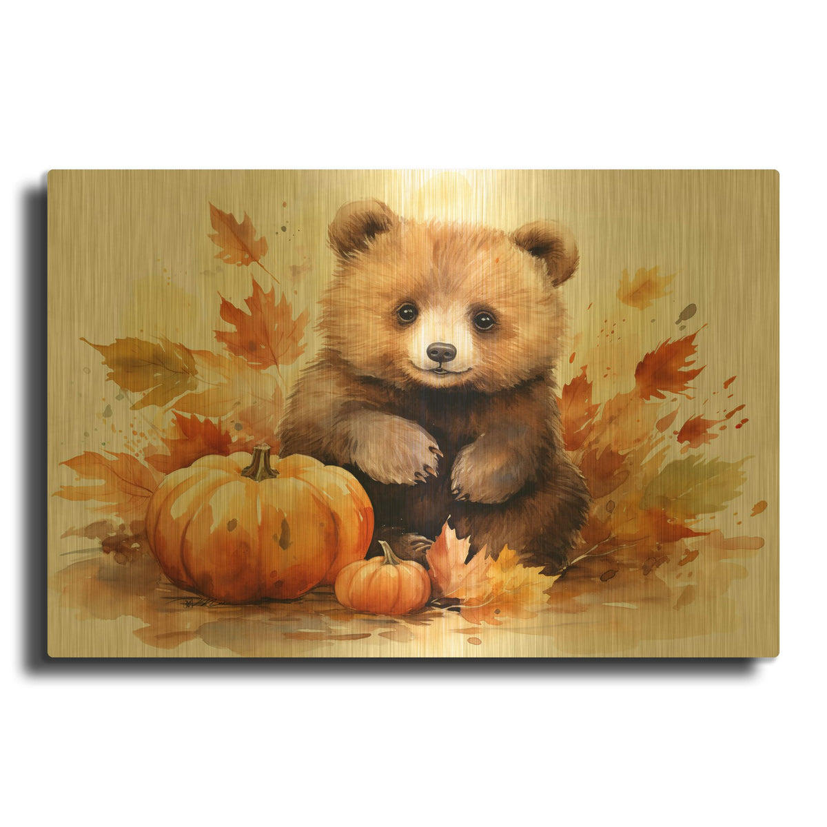 'Autumn Cub in the Leaves' By Momart Gold Metal Wall Art