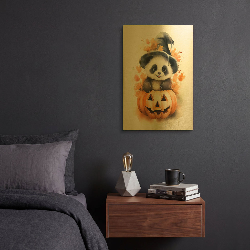 'Autumn Panda Halloween' By Momart Gold Metal Wall Art