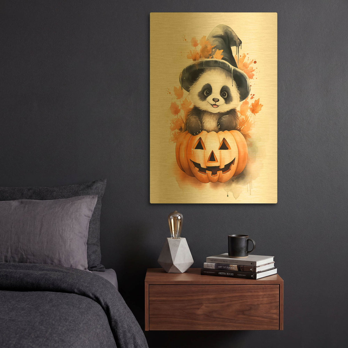 'Autumn Panda Halloween' By Momart Gold Metal Wall Art