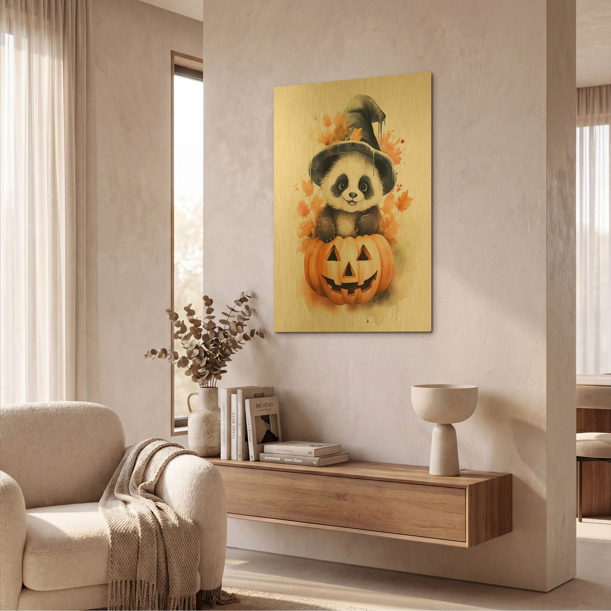 'Autumn Panda Halloween' By Momart Gold Metal Wall Art