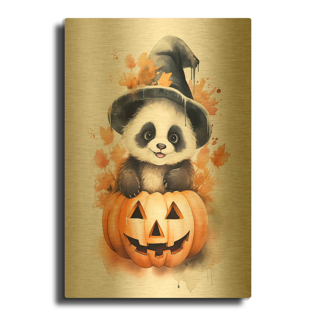'Autumn Panda Halloween' By Momart Gold Metal Wall Art