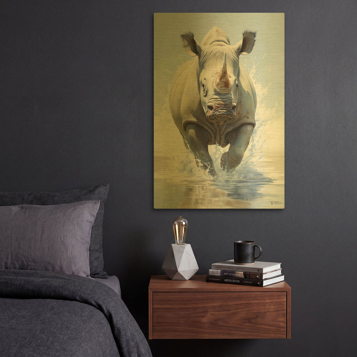 'Baby Rhino' By Momart Gold Metal Wall Art