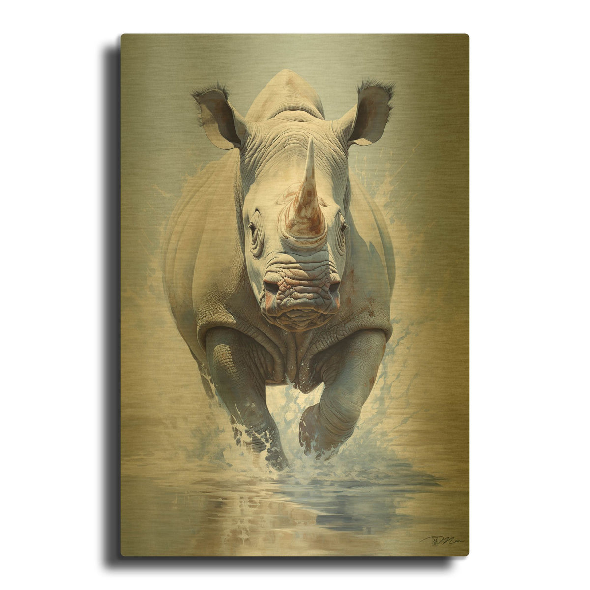 'Baby Rhino' By Momart Gold Metal Wall Art
