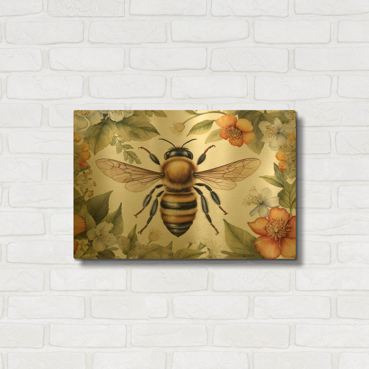 'Bee Among Watercolor Flowers' By Momart Gold Metal Wall Art