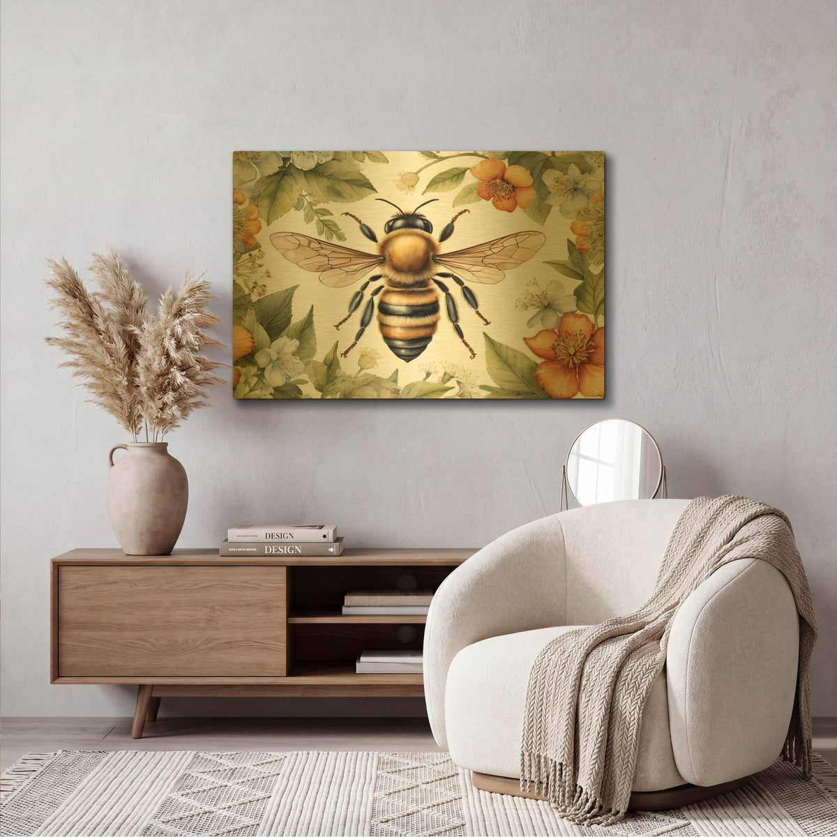 'Bee Among Watercolor Flowers' By Momart Gold Metal Wall Art