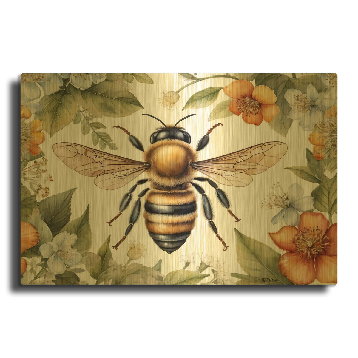 'Bee Among Watercolor Flowers' By Momart Gold Metal Wall Art