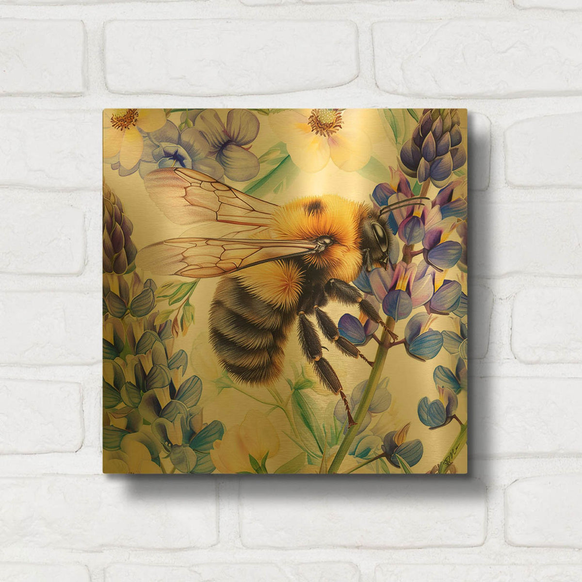 'Bee With Blue Flowers' By Momart Gold Metal Wall Art
