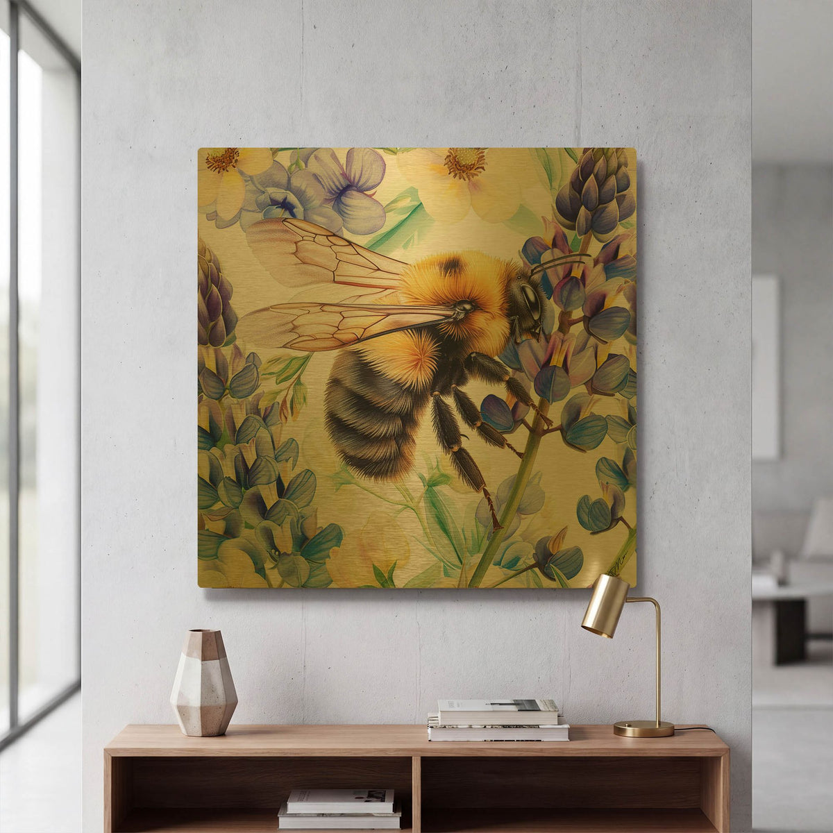 'Bee With Blue Flowers' By Momart Gold Metal Wall Art