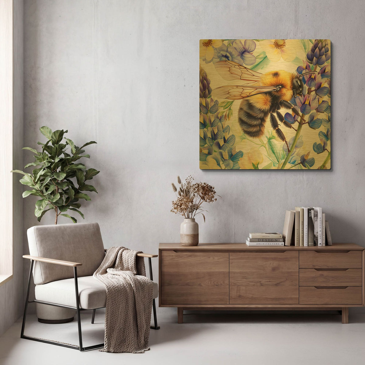 'Bee With Blue Flowers' By Momart Gold Metal Wall Art