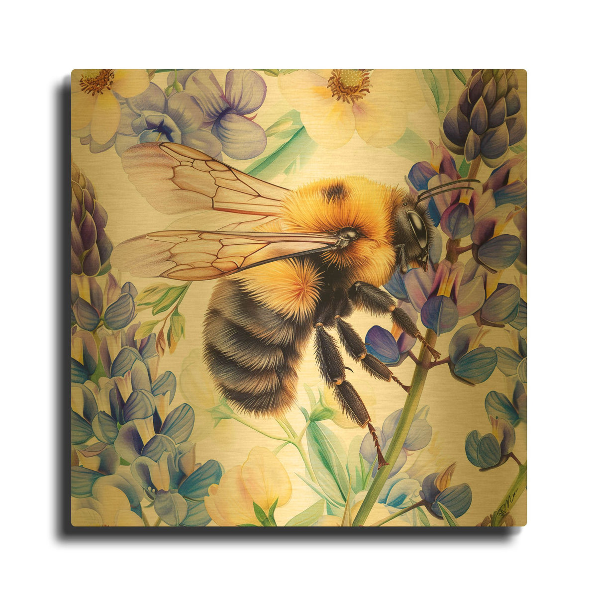 'Bee With Blue Flowers' By Momart Gold Metal Wall Art