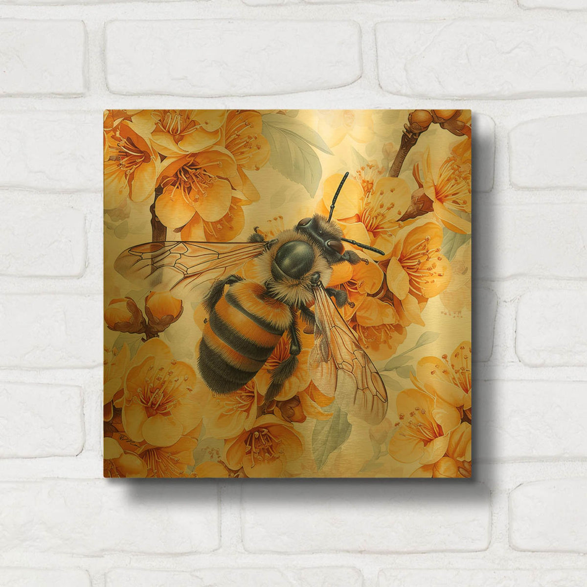 'Bee With Yellow Flowers' By Momart Gold Metal Wall Art